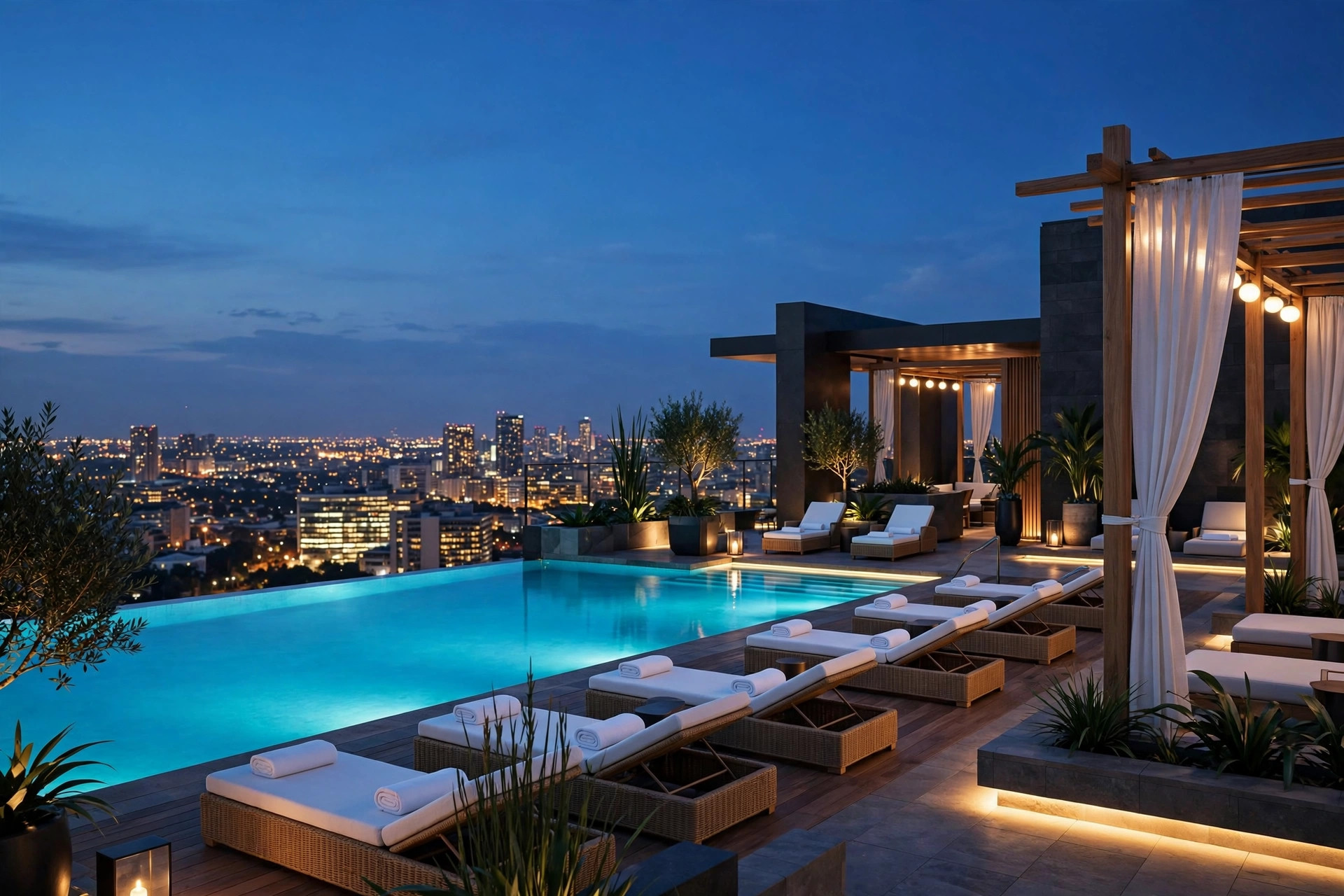 Piscine d'hôtel sur le toit au crépuscule