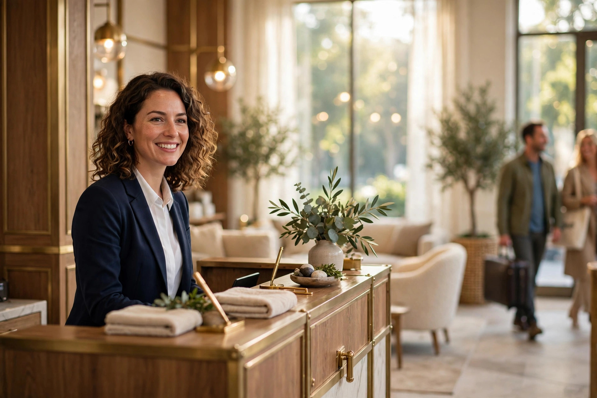 Réceptionniste souriante accueillant des clients à l'hôtel