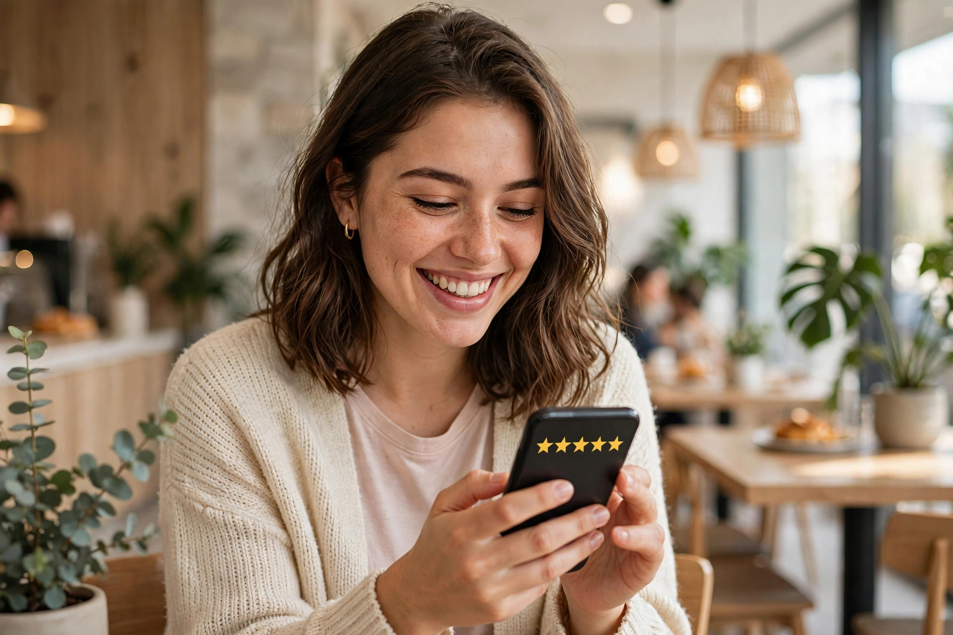 Cliente ravie laissant un avis 5 étoiles