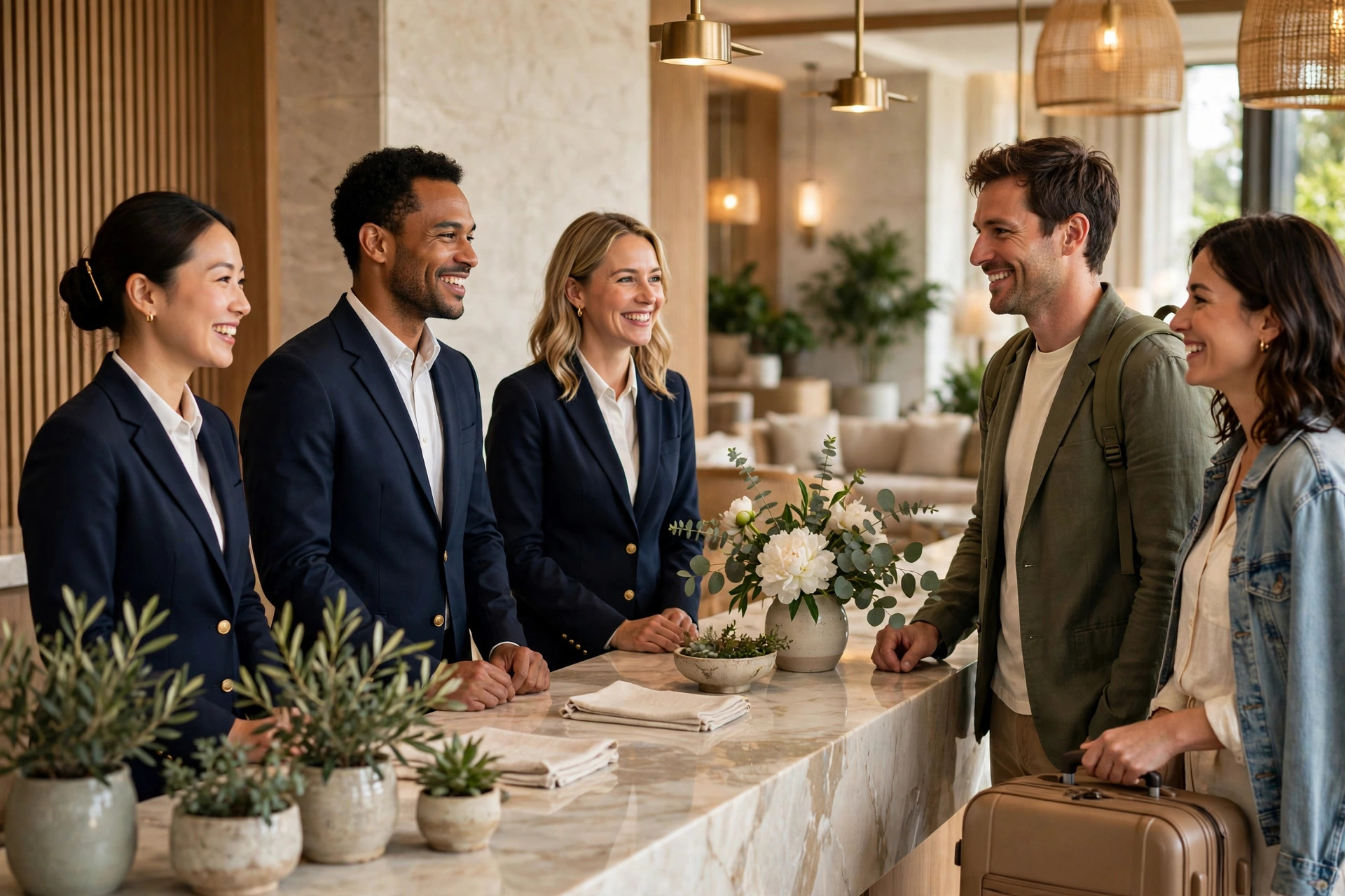 Équipe d'accueil souriante avec des clients