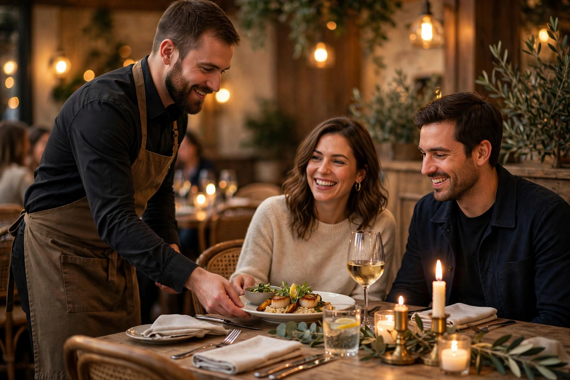 Serveur souriant servant des clients au restaurant